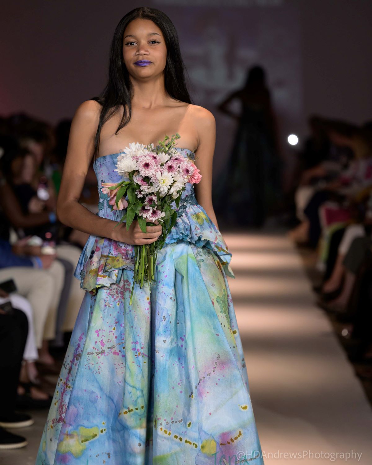 Runway model wearing an upcycled bridesmaids dress by Unique Custom Threads