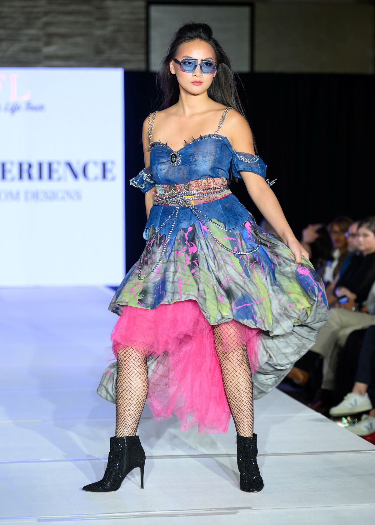 Model Adaline in an upcycled bedsheet on the New York Fashion Week runway