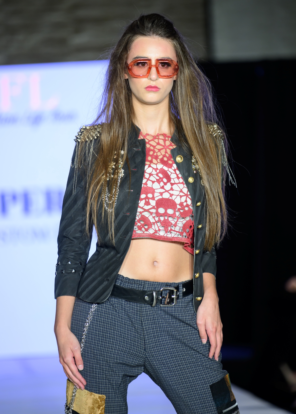 Model Alanna rocking the upcycled punk outfit at New York Fashion Week