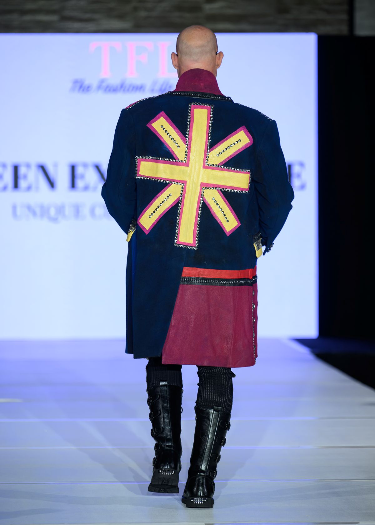 Model Rob shows off the back of my London punk jacket on the NYFW runway