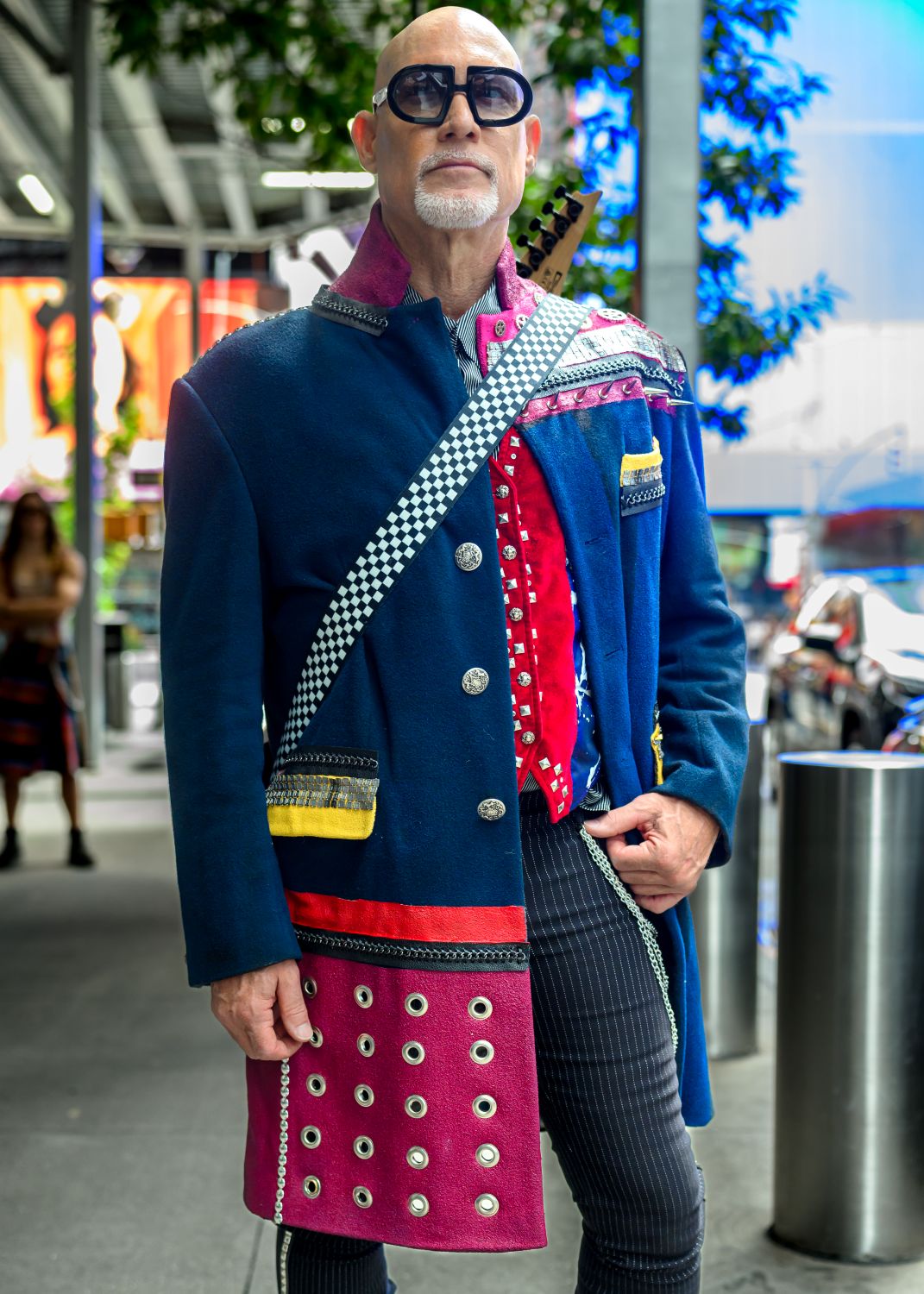 Model Rob wearing upcycled punk jacket by Unique Custom Threads